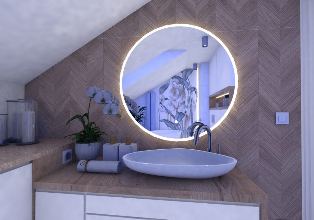 Łazienka na poddaszu z okrągłym lustrem.