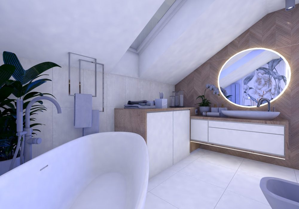 Zabudowa pralki i suszarki w łazience na poddaszu.